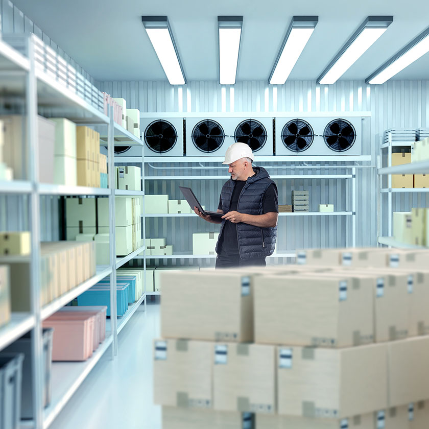 Vöktunarþjónusta Kælingar Víkurafls. maður á eftirlitsferð, heimsókn til að kanna ástanda kæligeymslu.